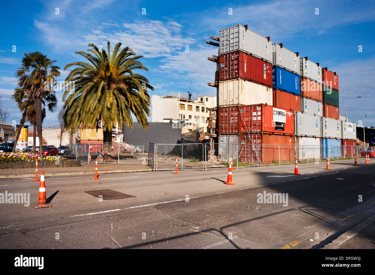 Post-earthquake Christchurch city centre, 2013, with containers supporting collapsed building facade, South Island, New Zealand Stock Photo