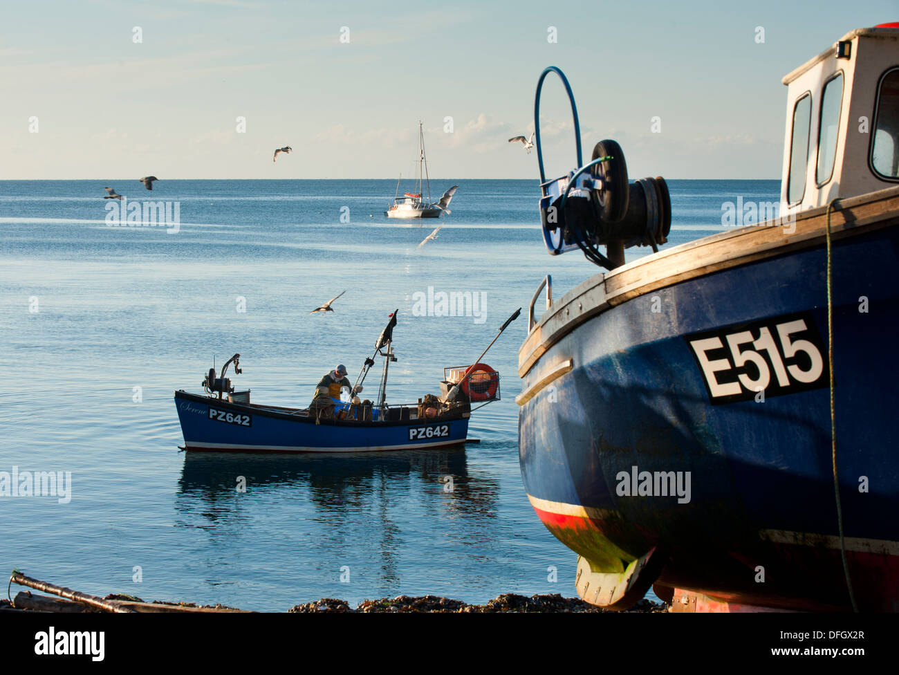 Boat on fishing trip at Beer Devon England Stock Photo