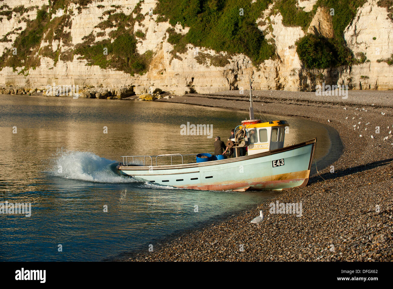 A boat getting ready for a fishing trip at Beer, Devon, England. Stock Photo