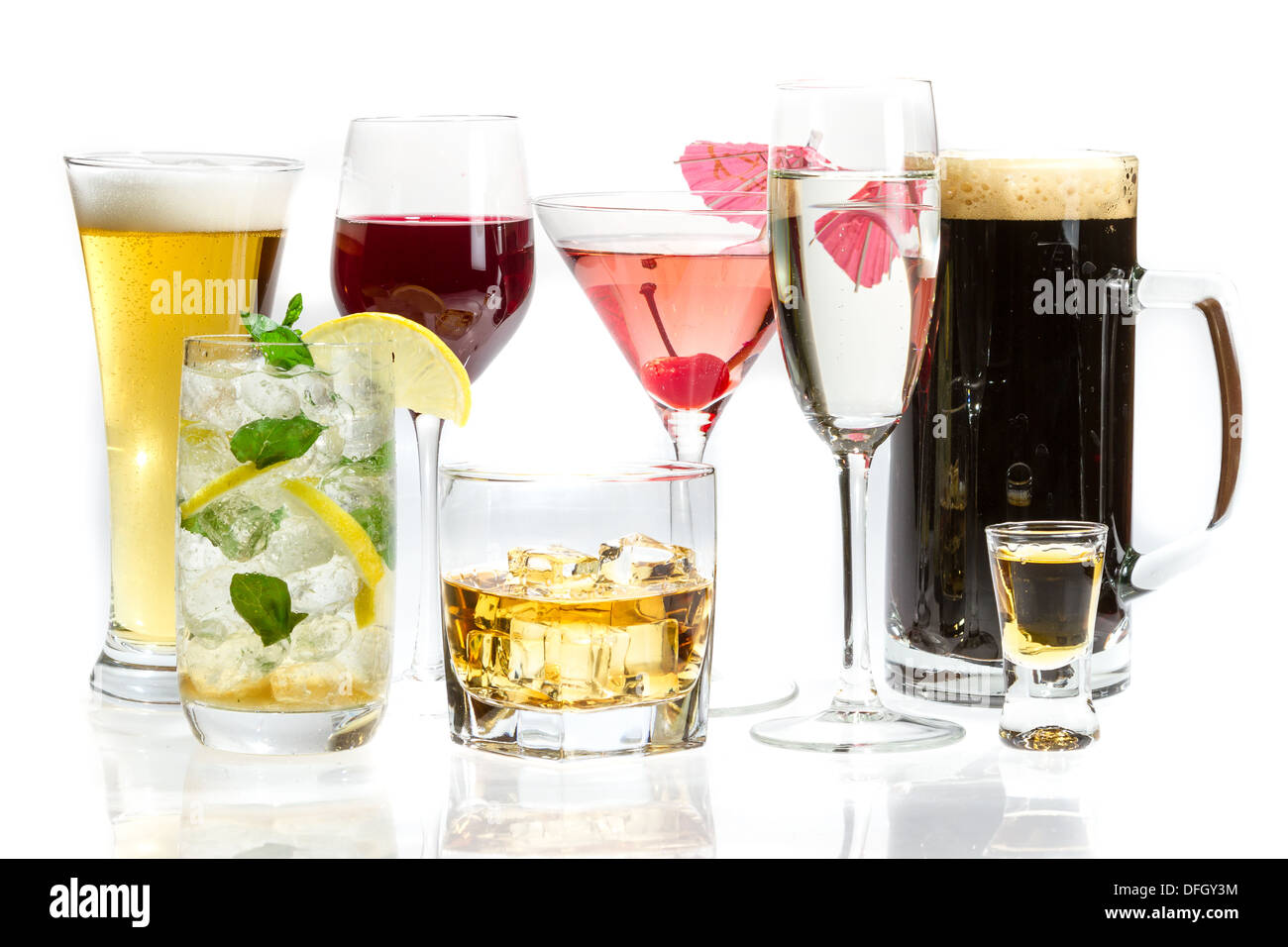 Different kinds of alcohol on a white background Stock Photo Alamy