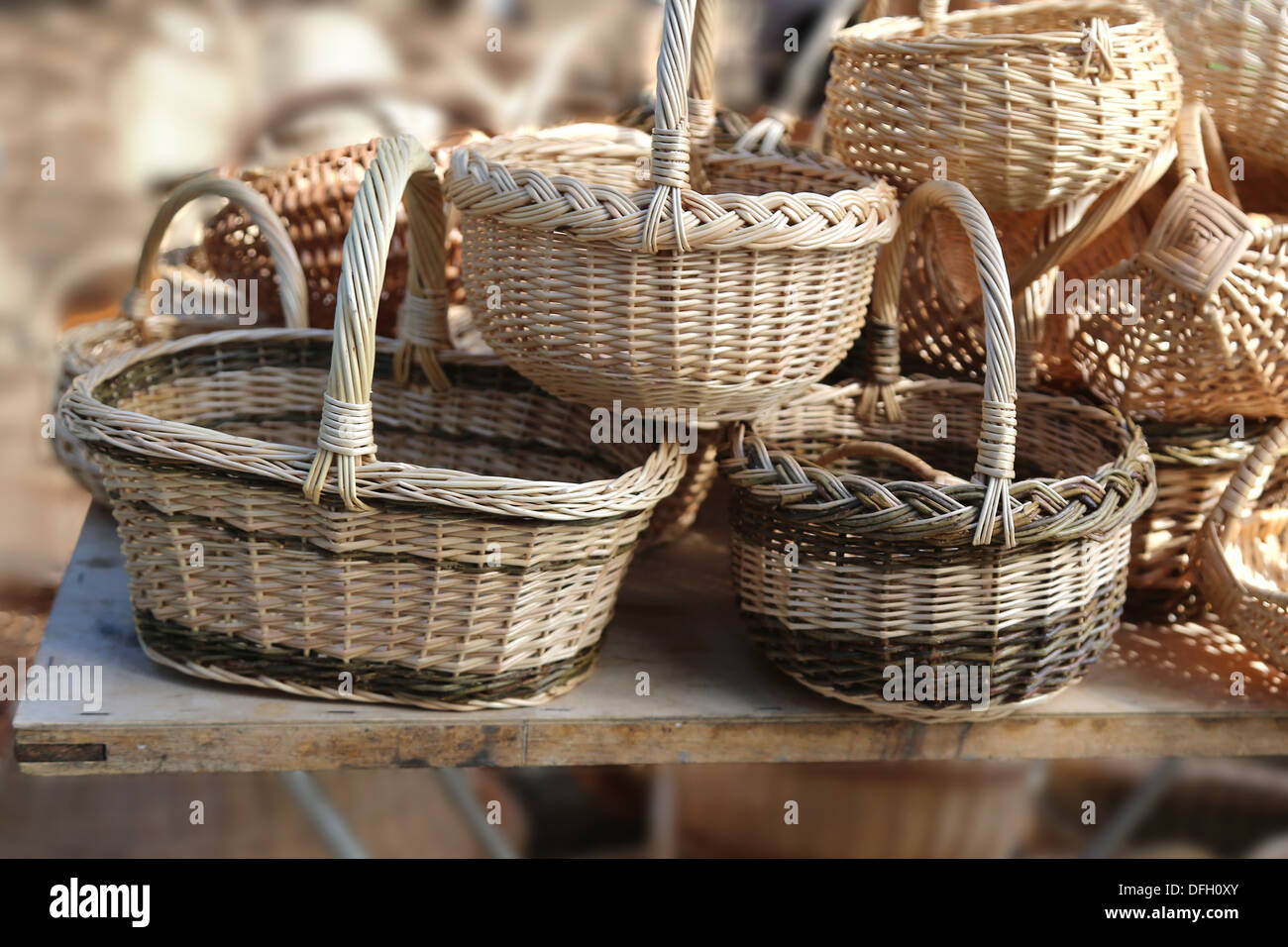 Beautiful wicker baskets for sale at the fair Stock Photo Alamy