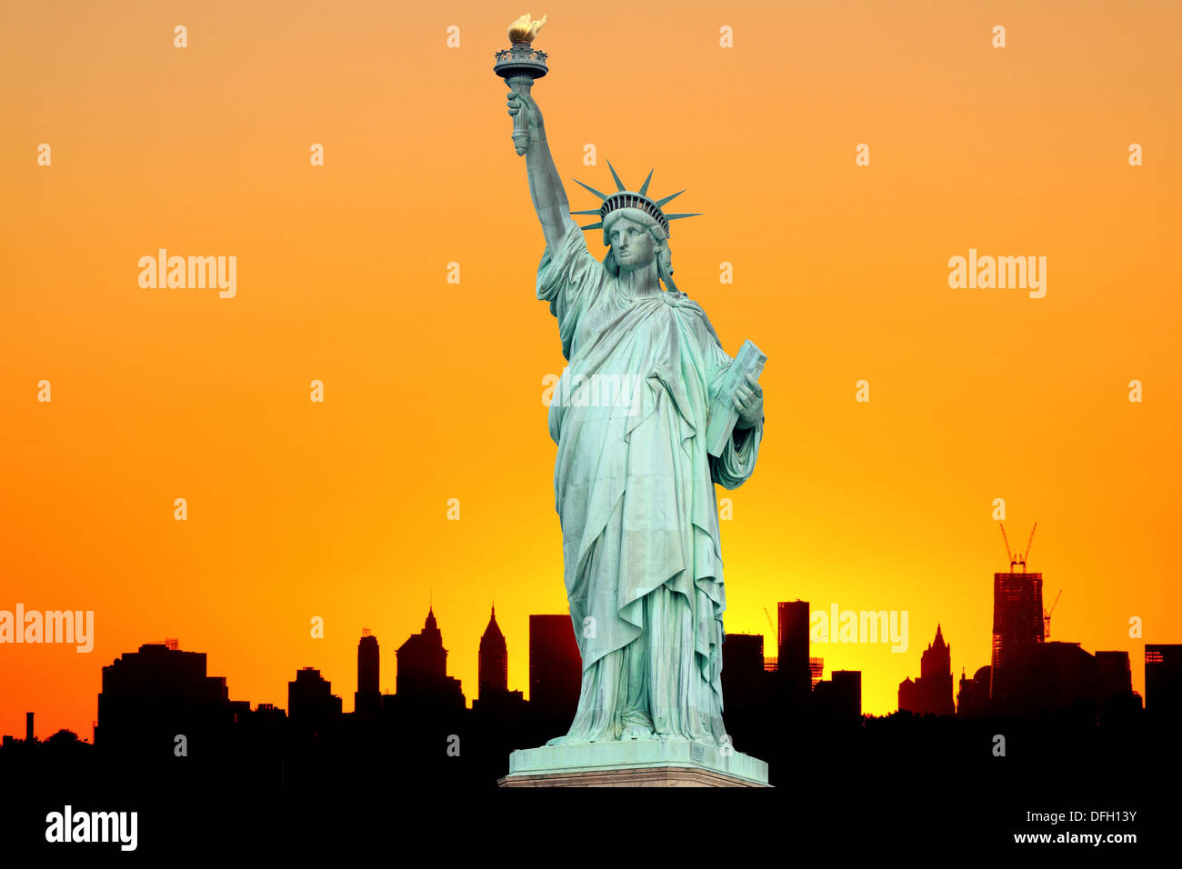 Manhattan Skyline and The Statue of Liberty at Sunset, New York City ...