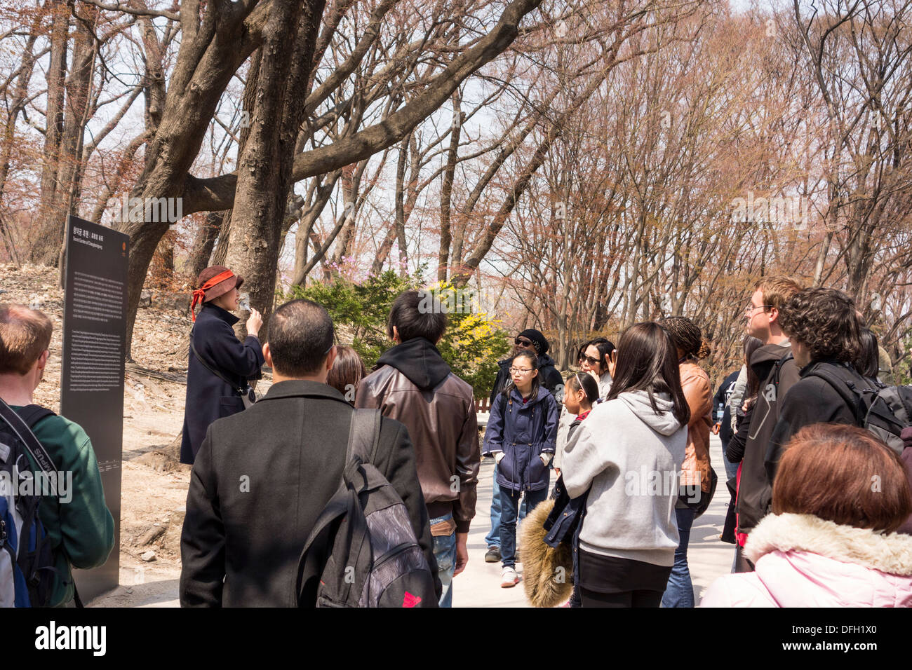 Tourists listening to Official Guide in Changdeokgung Palace, Seoul, Korea Stock Photo