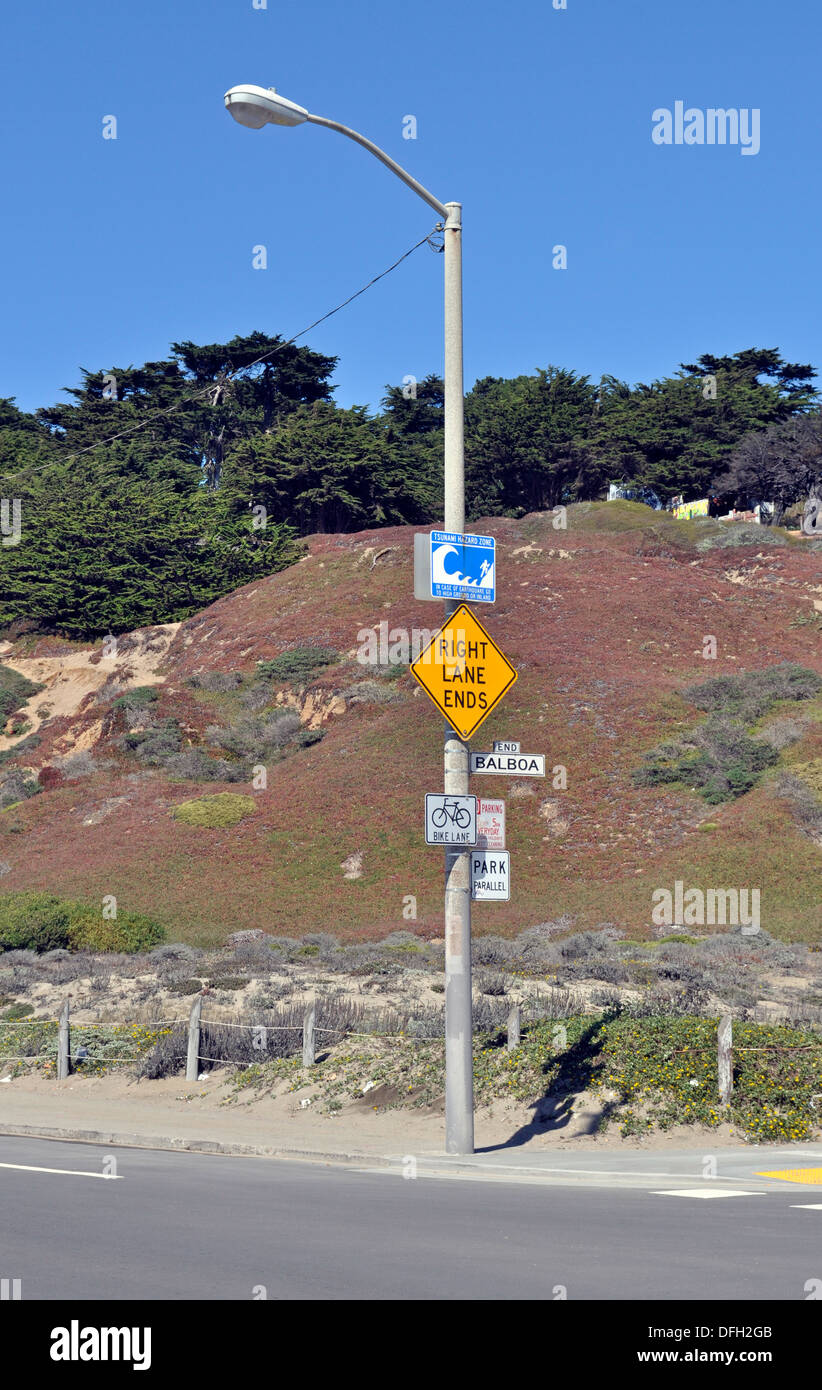 Tsunami Hazard zone sign San Francisco California Stock Photo