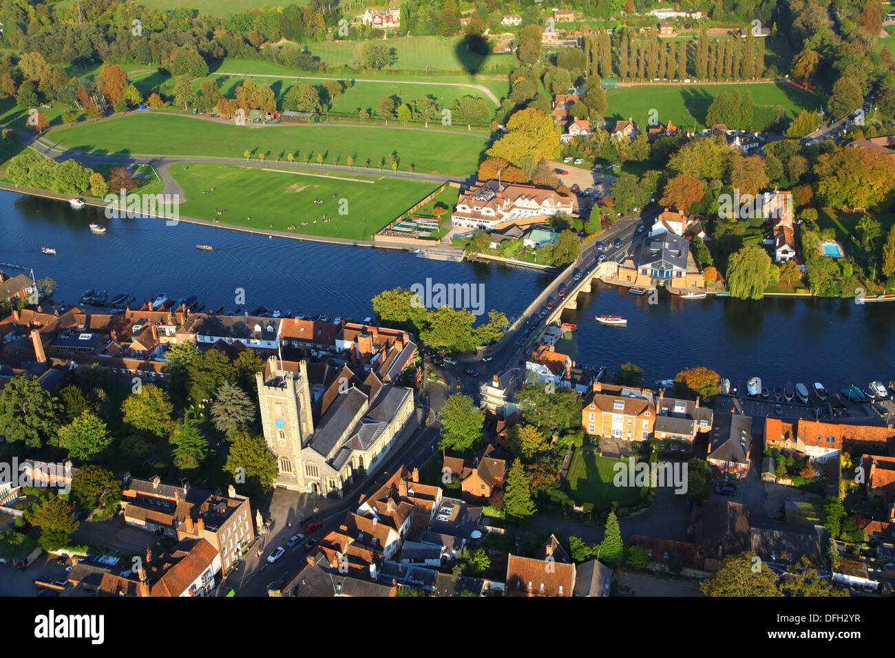 Aerial Summer view of Henley on Thames showing church and bridge Stock Photo