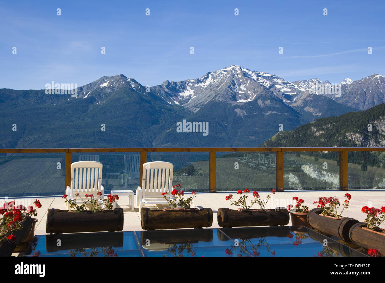 Mountain. View from the terrace of Dalai Lama Village. Camping Club.  Chatillon. Cervino Valley. Aosta Valley. Italy Stock Photo - Alamy