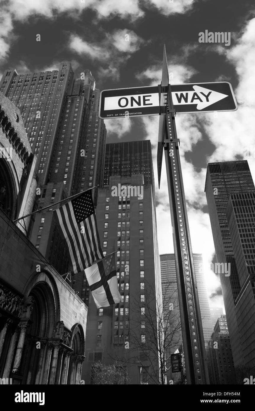 Black and White image One Way Street Sign - New York, USA Stock Photo
