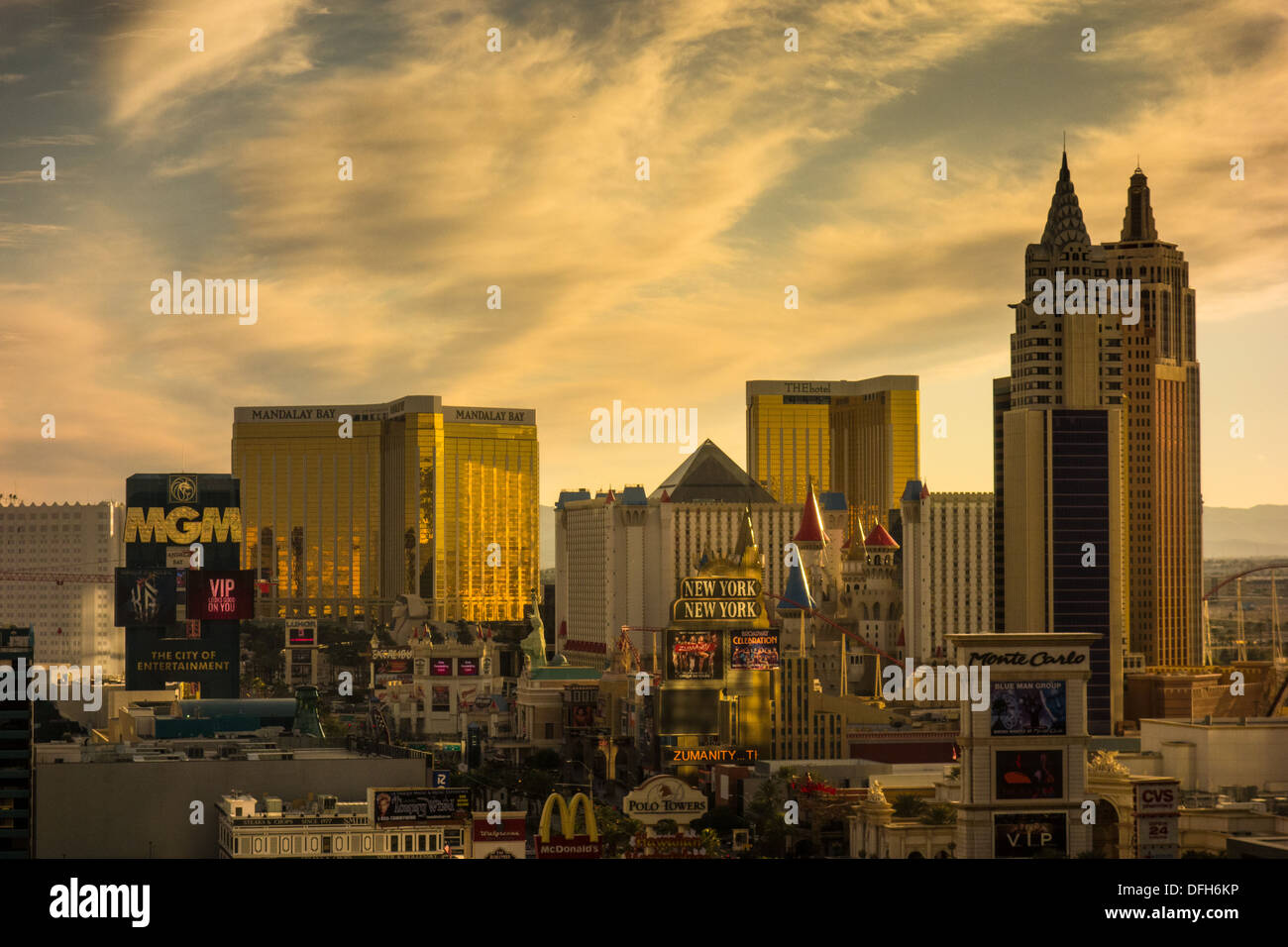 View over downtown Las Vegas as the sun goes down Stock Photo