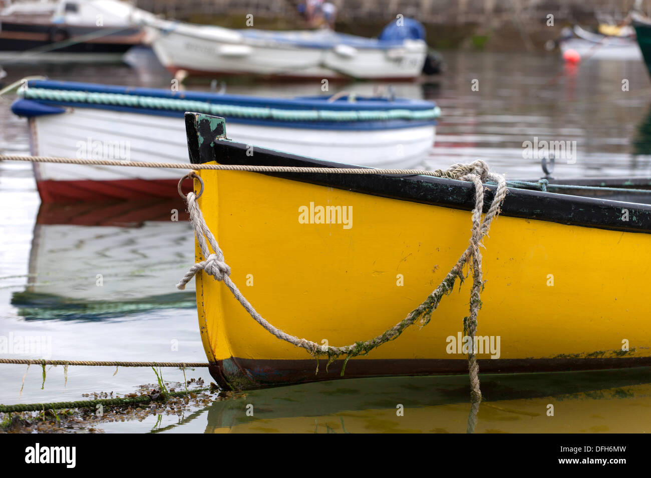 Yellow and black boat bow in Mousehole harbour, tide in. Cornwall, UK Stock Photo