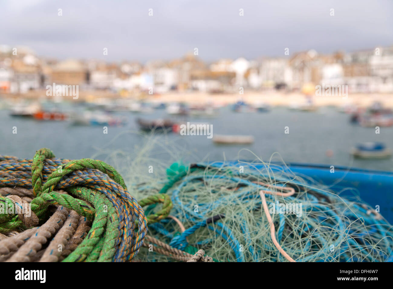 Fisherman's nets on the harbour wall, St Ives, Cornwall Stock Photo