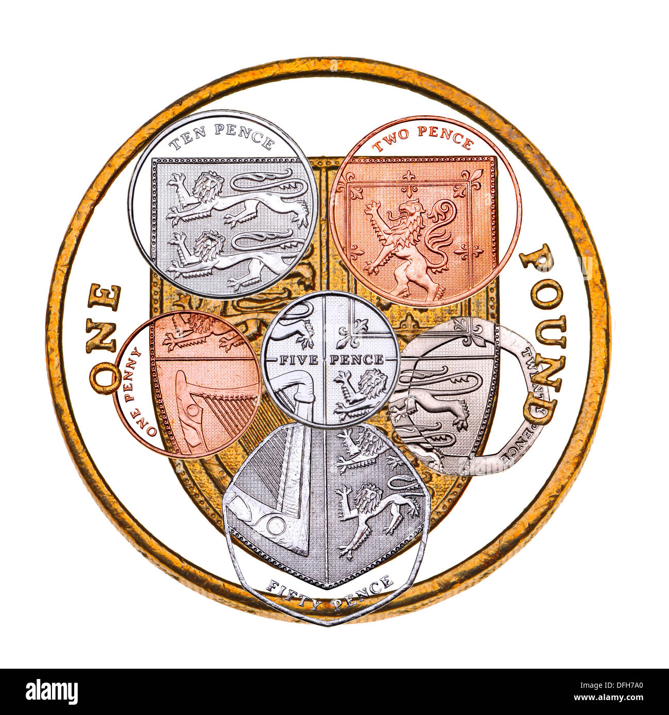 British coinage. All coins, put together to form the shield found on the revere of the pound coin. Stock Photo