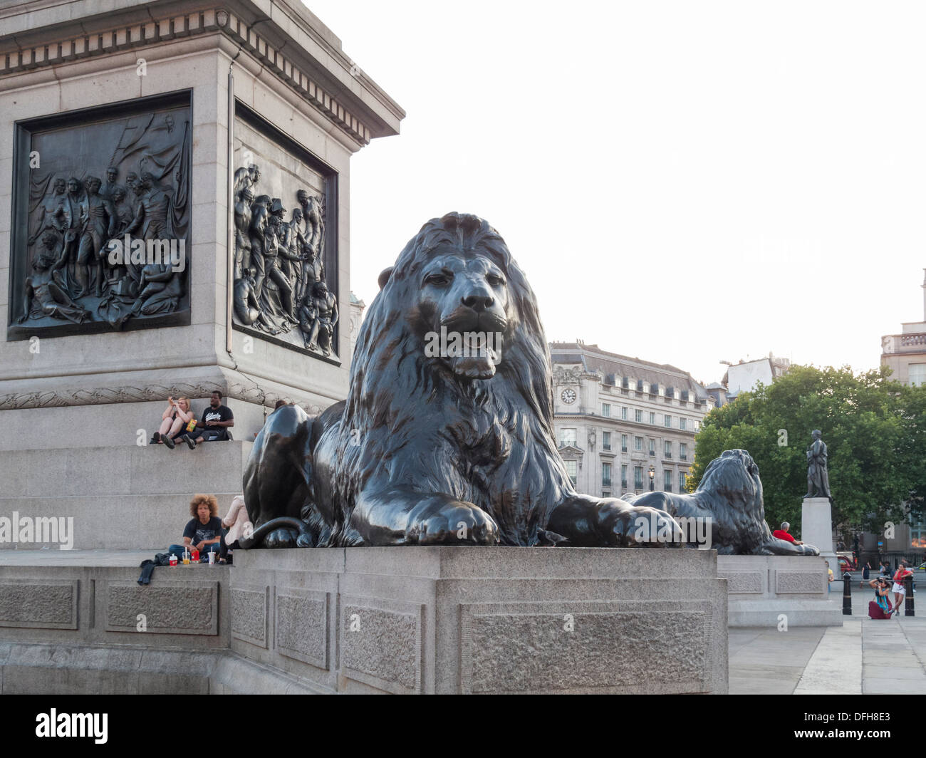 Landseer's lions at the foot of Nelson's Column in Trafalgar Square, in the West End of London, UK Stock Photo