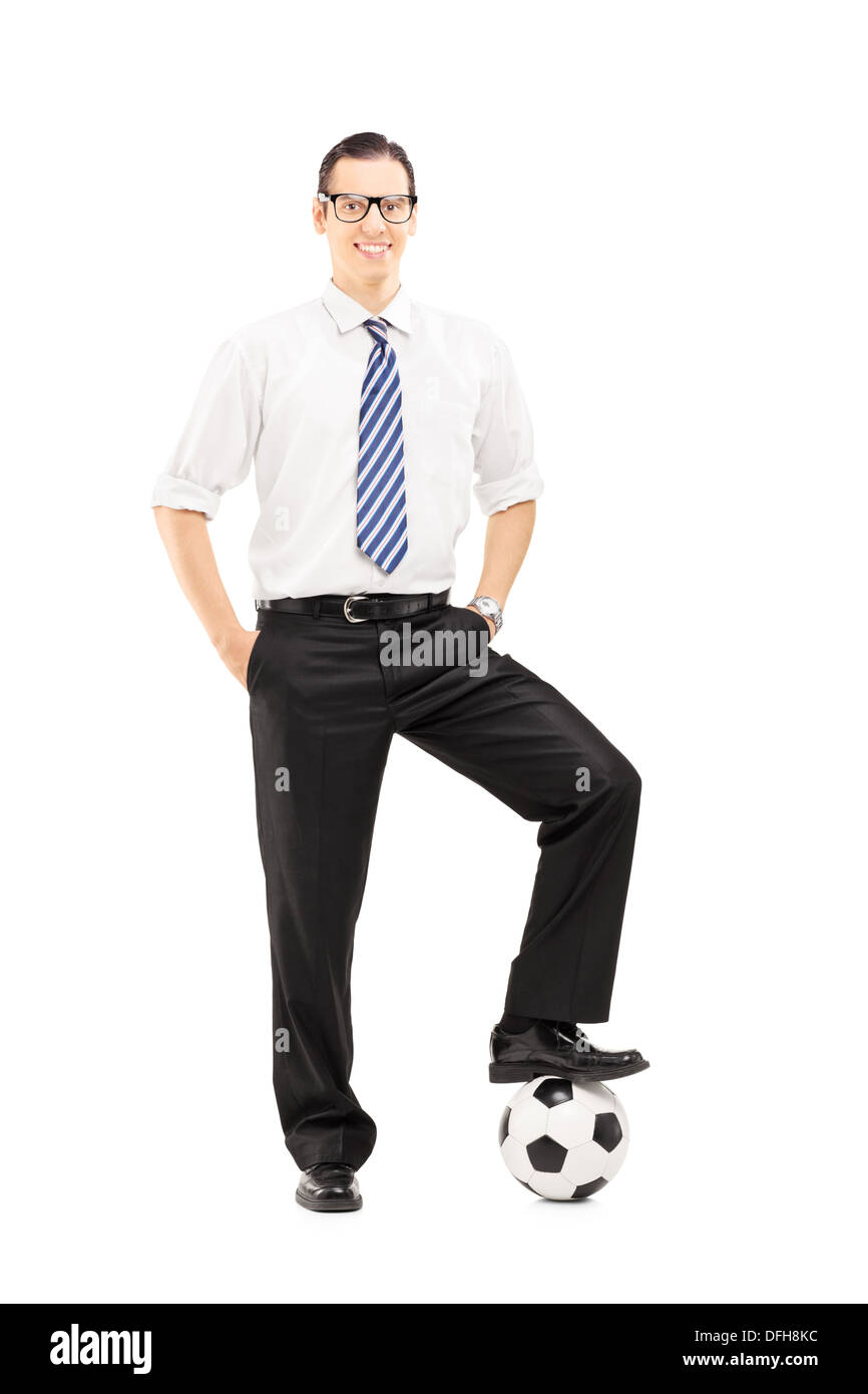 Full length portrait of a smiling man with a soccer ball Stock Photo ...