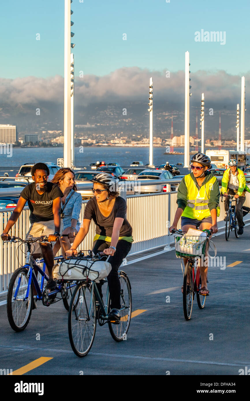 Opening day of the new San Francisco-Oakland Bay Bridge on Sept.3, 2013 in San Francisco, CA. Bicyclists on the new bike lane. Stock Photo