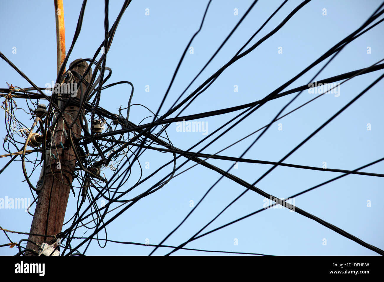 A tangle of electricity and communications cables, television aerials