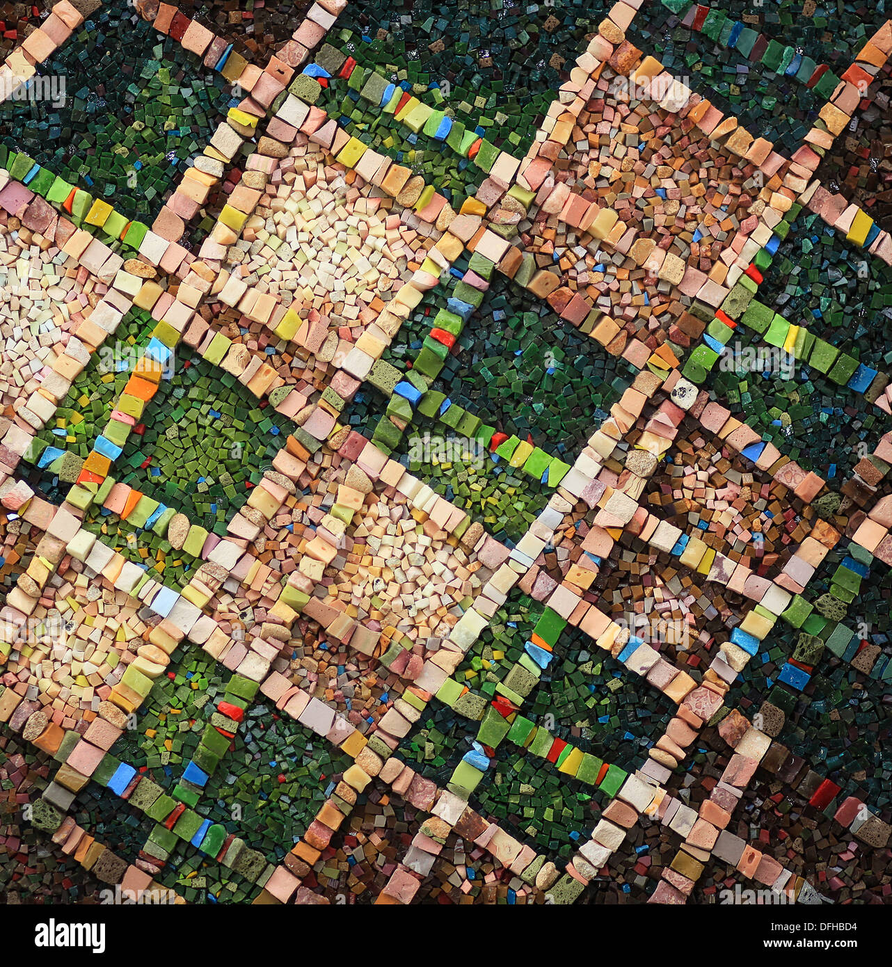 Abstract mosaic with green and beige chequered pattern. Contemporary artwork realized by the Scuola mosaicisti del Friuli. Spilimbergo, Italy, Europe. Stock Photo