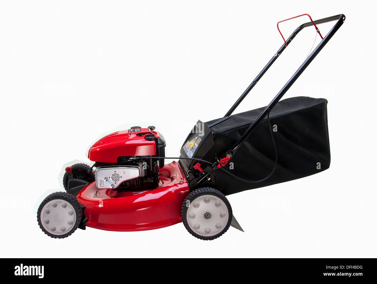 Red Lawn mower on white background Stock Photo