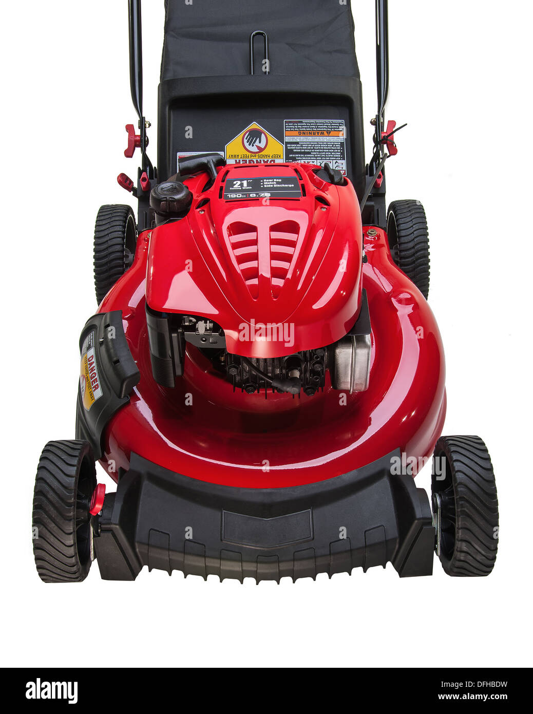 Red Lawn mower on white background Stock Photo
