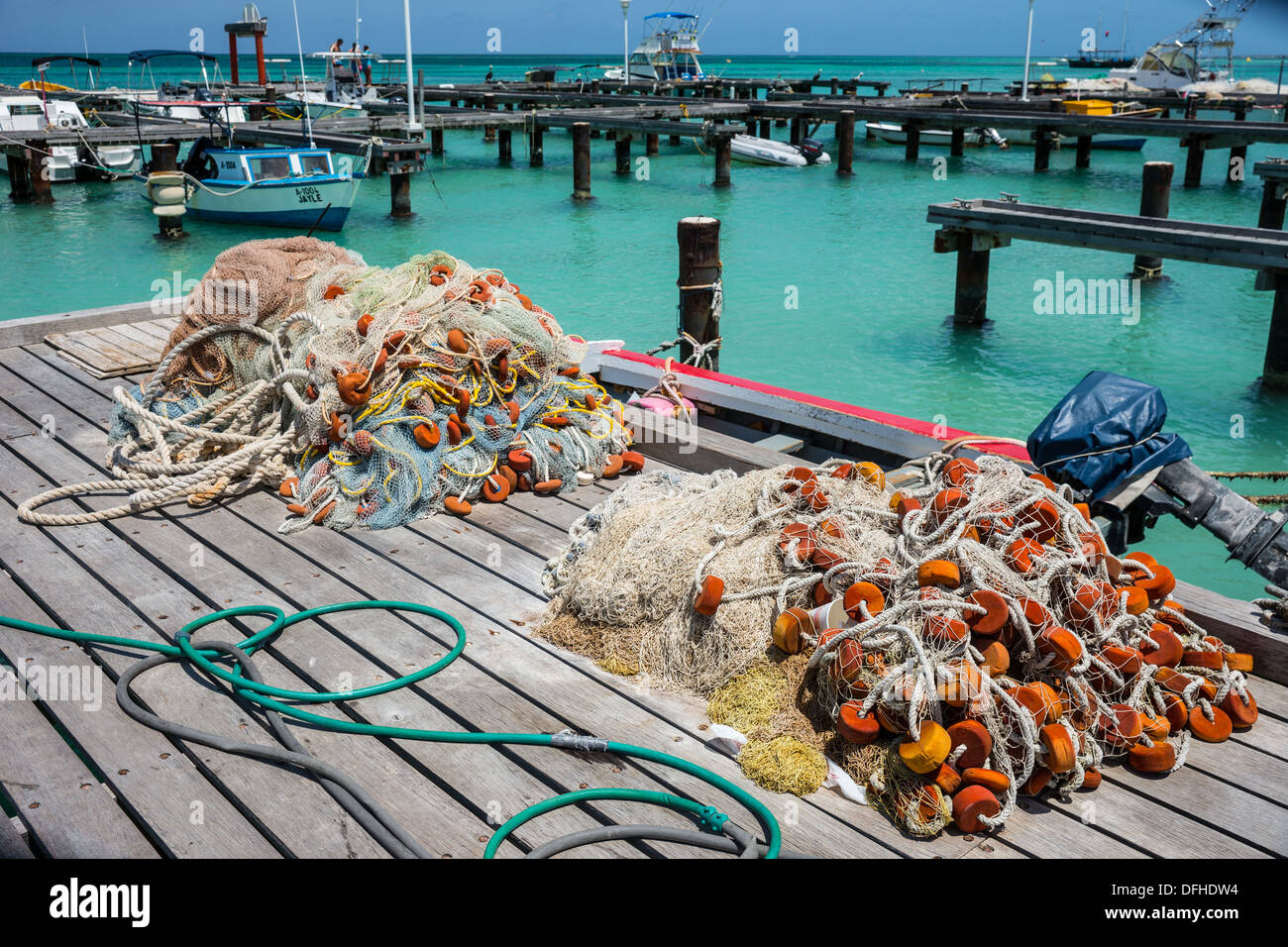 Hadicurari Beach fishermen's dock Aruba fishing nets Stock Photo