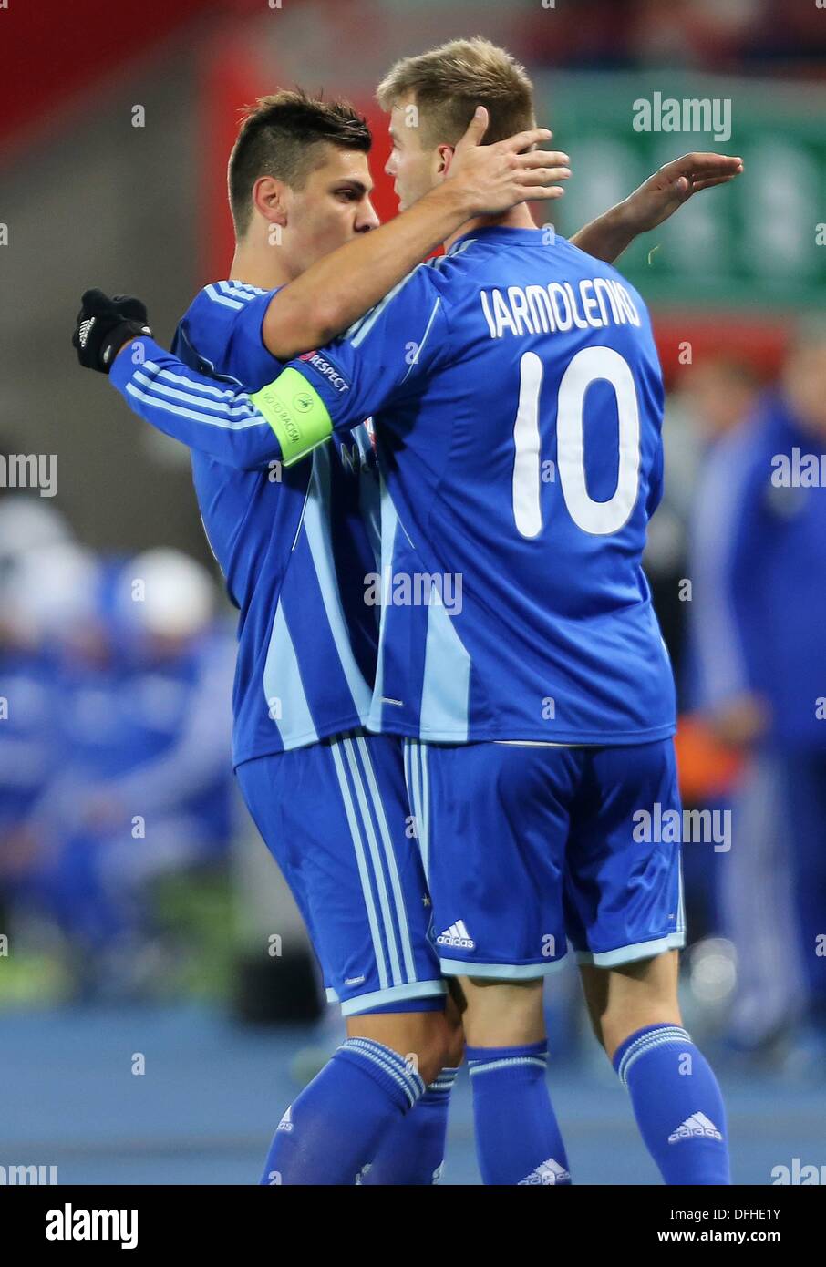 03.10.2013. Vienna Austria UEFA Europe League Group stage SK Rapid Vienna vs Dynamo Kiev. Celebrations from from Aleksandar Dragovic and Andriy Yarmolenko Kiev Stock Photo