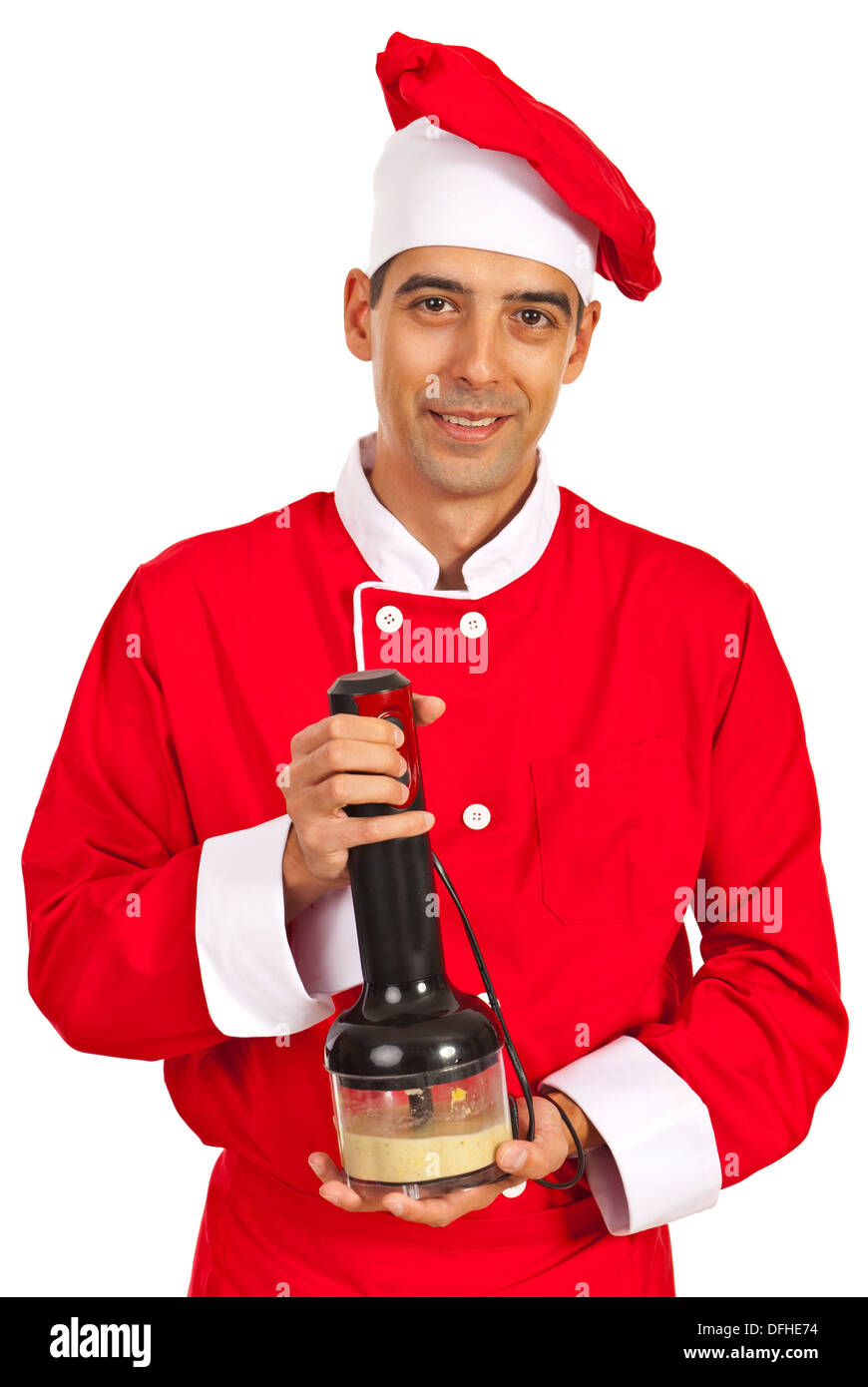 Chef using blender to make a cream isolated on white background Stock