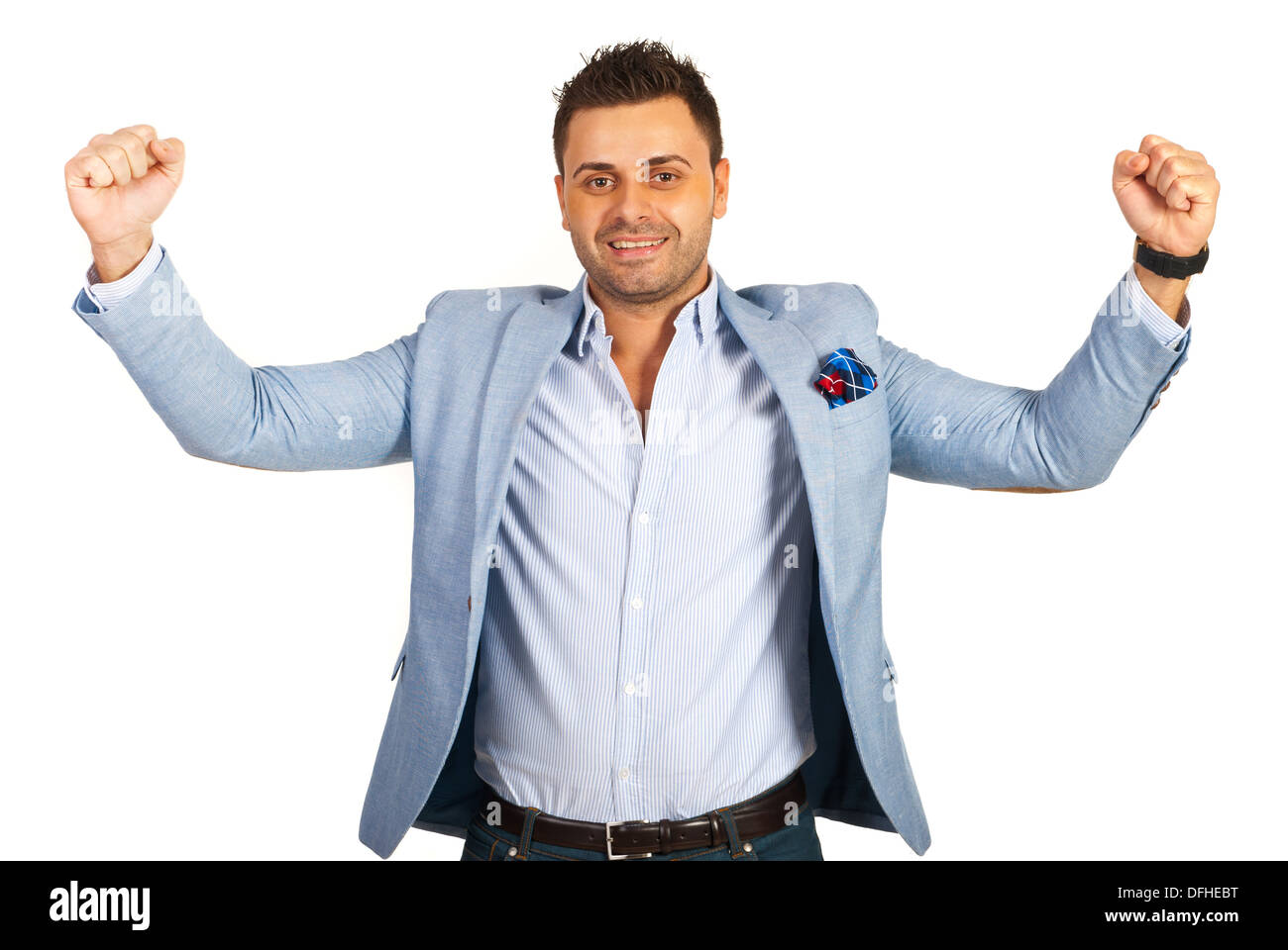 Businessman raising arms in air hi-res stock photography and images - Alamy