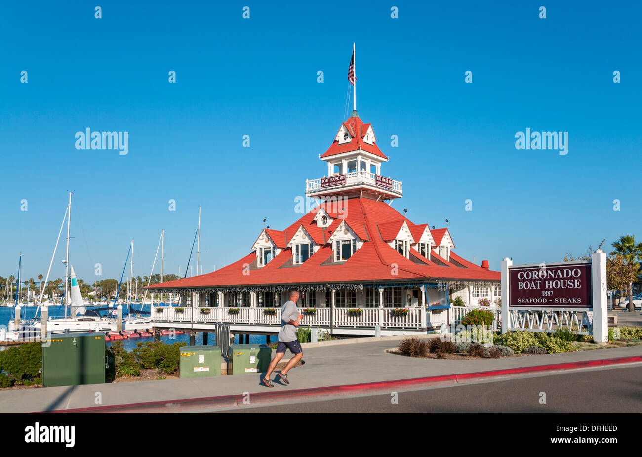 California, Coronado Boathouse Restaurant, named changed to 1887 on the Bay, male runner Stock Photo