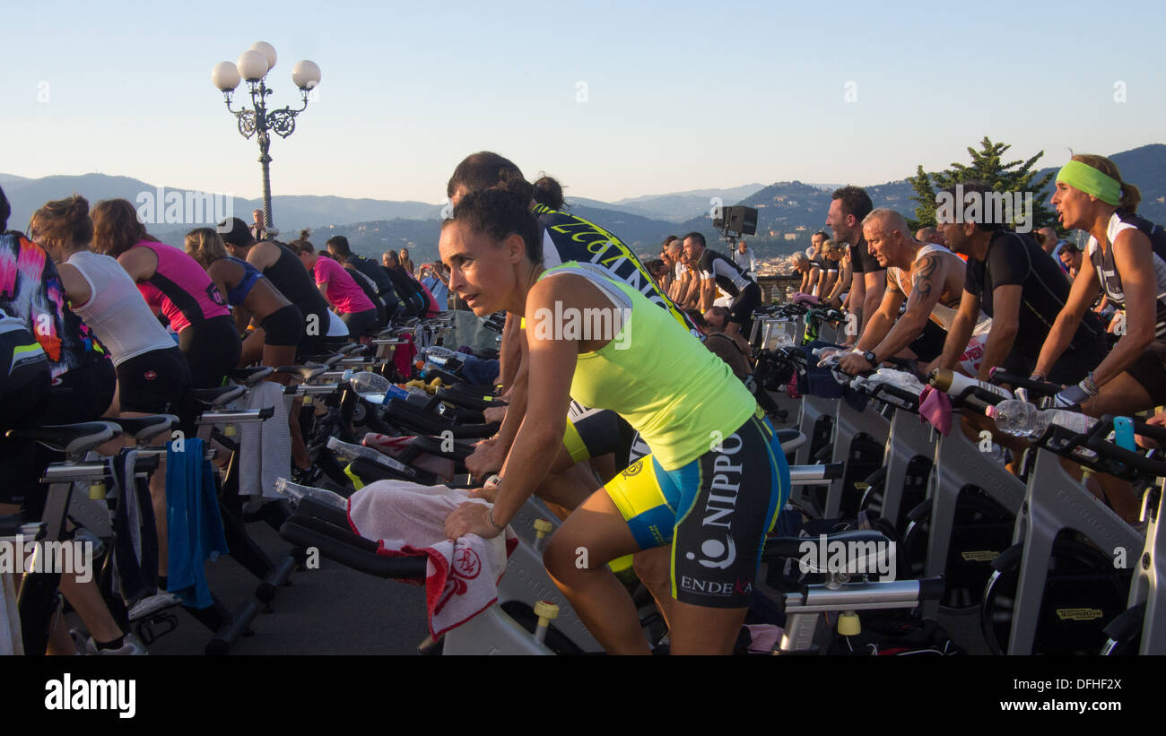 Spinning class at  Piazzale Michelangelo, Florence, Tuscany, Italy Stock Photo