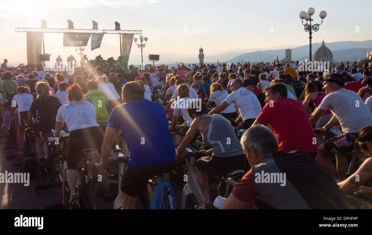 Spinning class at  Piazzale Michelangelo, Florence, Tuscany, Italy Stock Photo