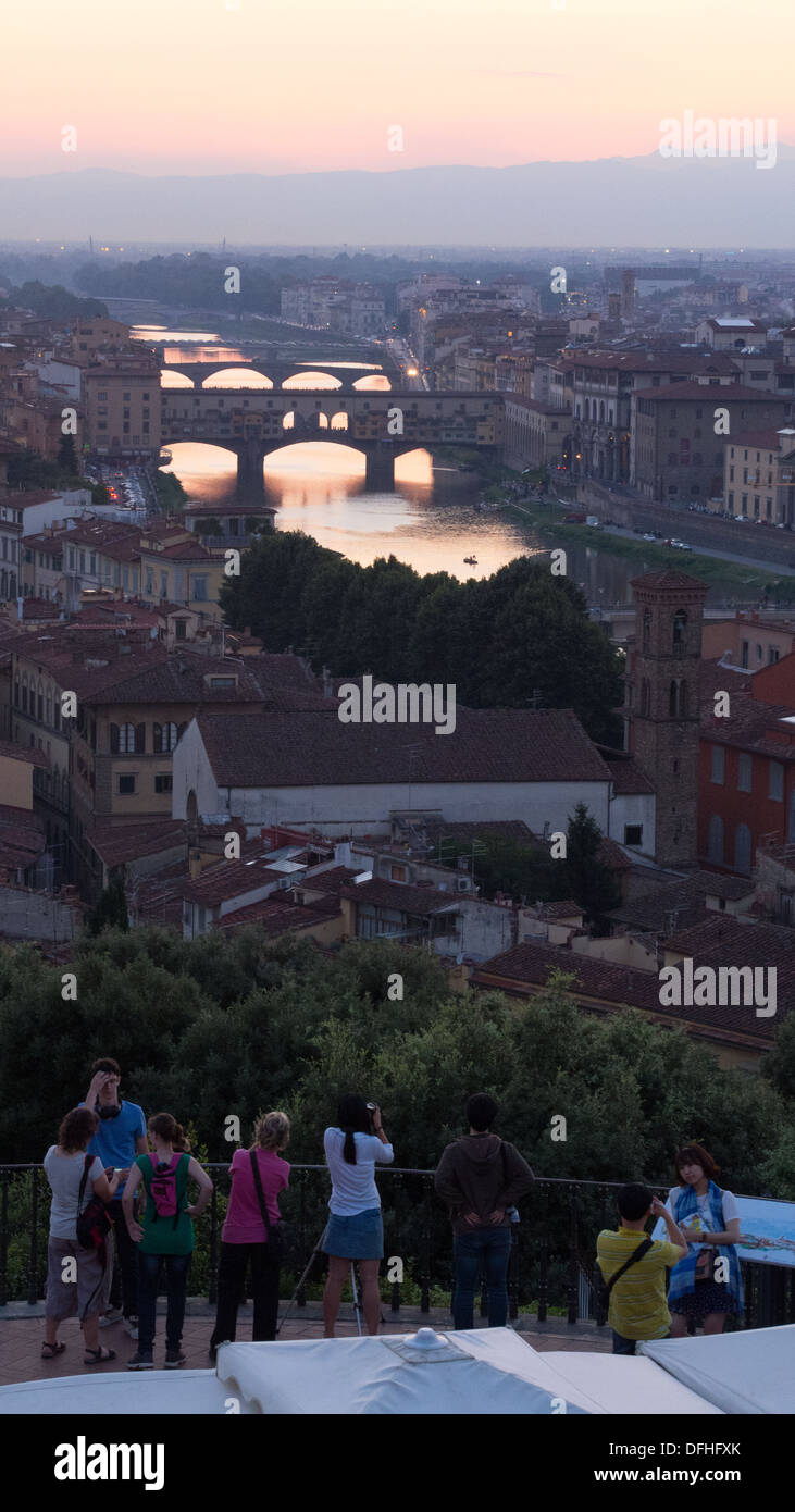 View from Piazzale Michelangelo over the river Arno and the Ponte (Bridge) Vecchio, Florence, Tuscany, Italy Stock Photo