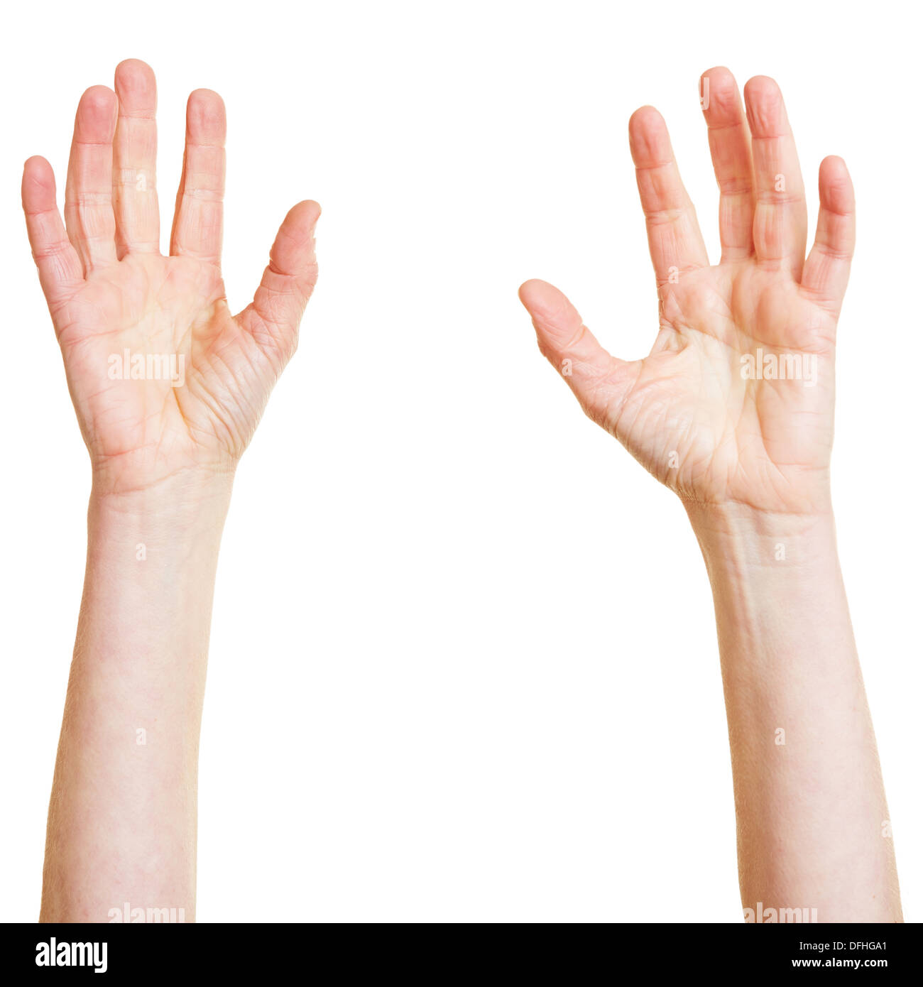 Two hands desperately reaching up into the air Stock Photo