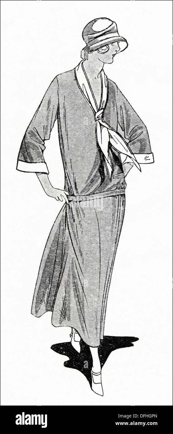 Flapper fashion of the 1920s. Mail order frock in washing silk with fast dyes with roomy skirt for sportswear. Original vintage illustration from a women s fashion magazine circa 1924 Stock Photo Alam...