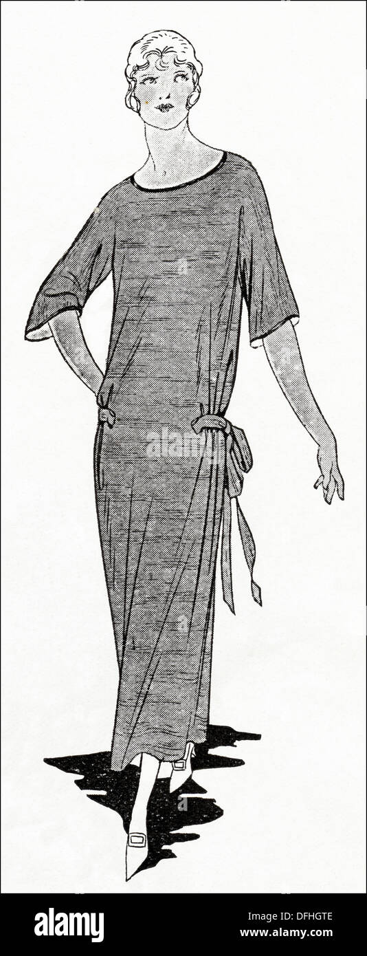 Flapper fashion of the 1920s. Mail order frock made of marl stockinette from pure Botany wool woven with artificial silk. The neck and sleeves are bound with artificial silk braid. Original vintage illustration from a women's fashion magazine circa 1924 Stock Photo