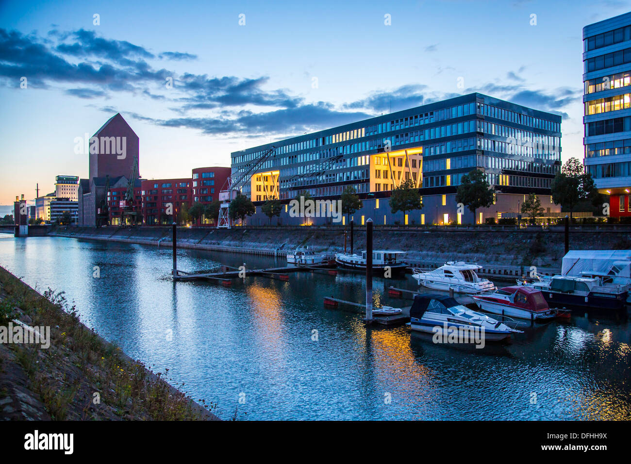 Innenhafen a former industrial inland port in the city of Duisburg. Today a business and leisure area around the harbor basin. Stock Photo