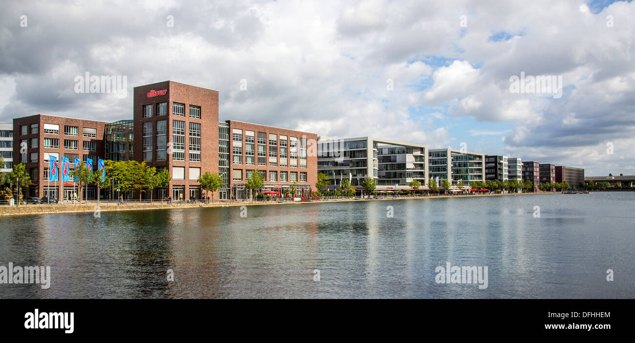 Innenhafen a former industrial inland port in the city of Duisburg. Today a business and leisure area around the harbor basin. Stock Photo