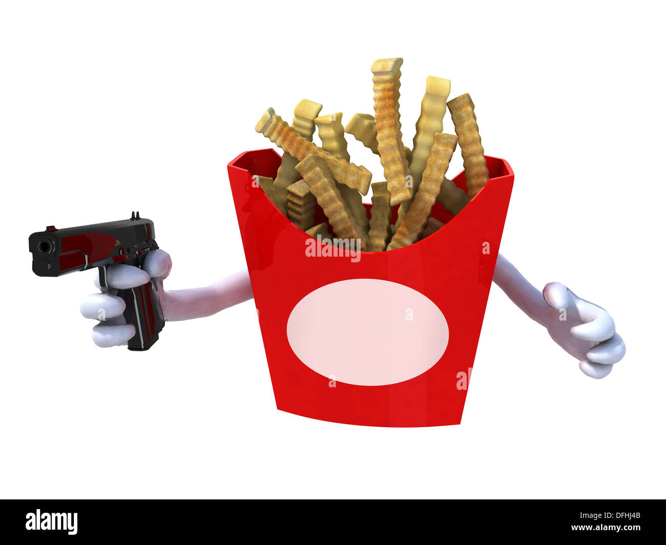 potato chips with arms who hold a gun and blank label facing, dangerous