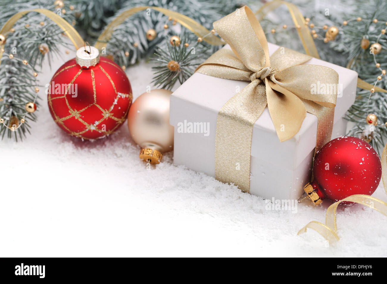 Christmas decoration with fir branch,Christmas ball and gift box Stock Photo