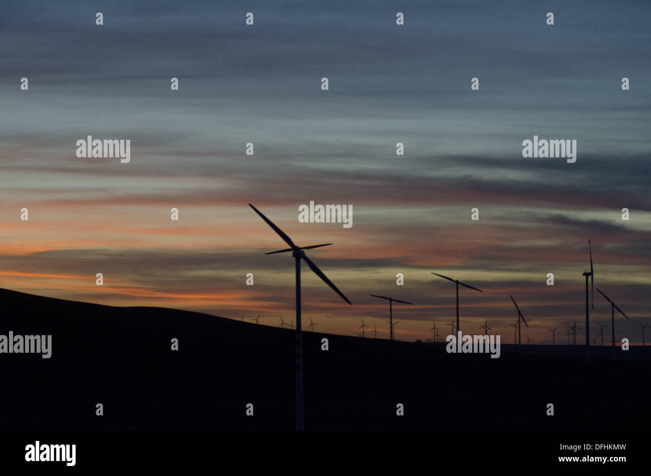 This windfarm south of Xilin Gol, seen during the sunset, consists of over 250 turbines featuring double and triple blade wind turbines and is currently expanded to provide increased capacity, progressively competing with the dominant coal power in the region. © Olli Geibel Stock Photo