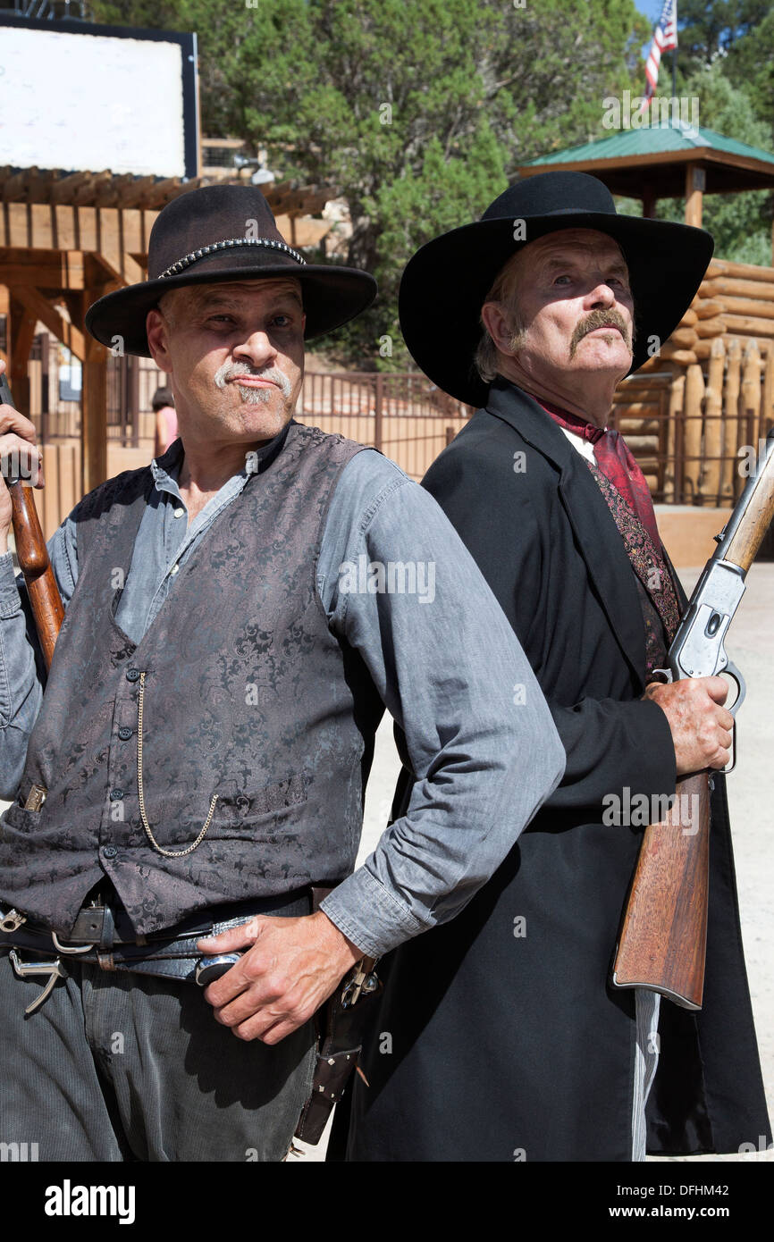 Two actors portraying Doc Holliday and Wyatt Earp, famous gunslingers, at Glenwood Springs Adventure Park, Colorado, USA Stock Photo