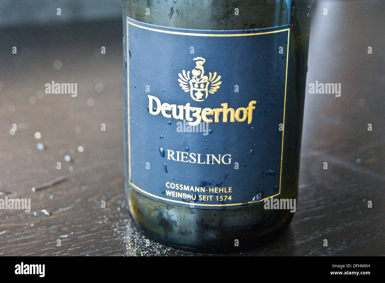 A bottle of Deutzerhof Riesling wine from the Ahr valley region, Restaurant 181, Olympiaturm Munich, Bayern (Bavaria), Germany Stock Photo