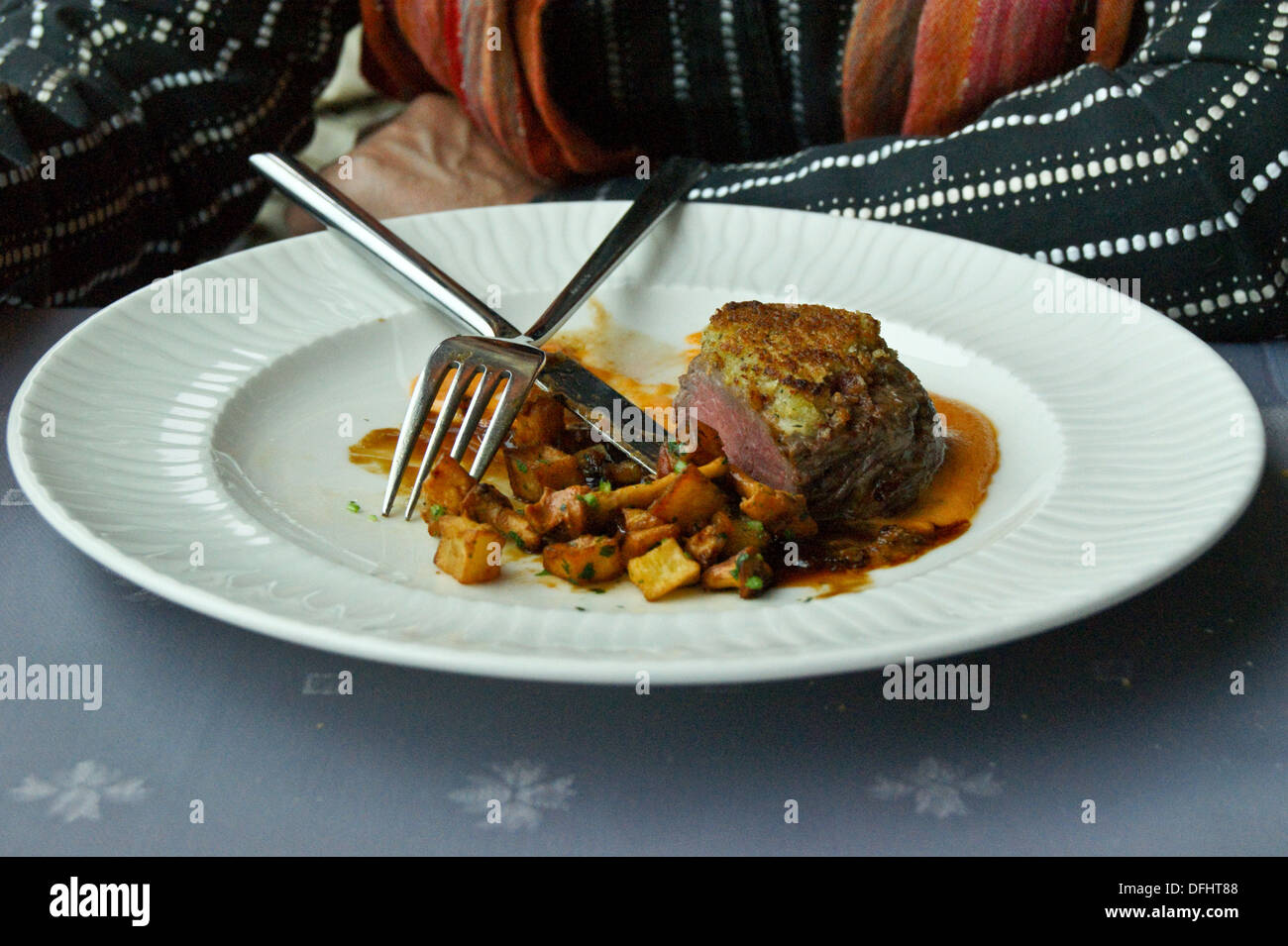 Medallion of beef tenderloin with lemon thyme crust,  Restaurant 181, Olympiaturm Munich, Bavaria, Germany Stock Photo