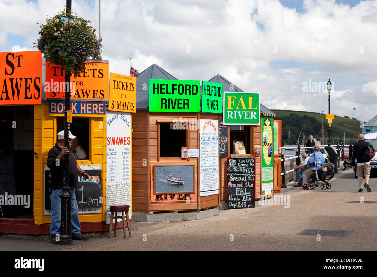 Kiosks on the quayside selling ferry tickets, Falmouth, Cornwall Stock Photo