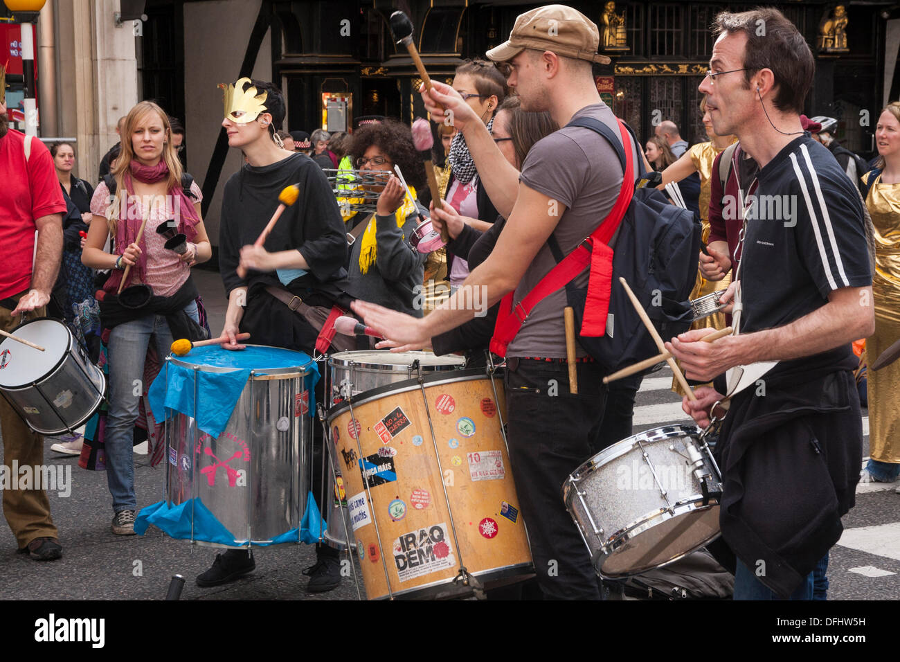 London, UK. 05th Oct, 2013. Samba drummers during the protest against legal aid reforms outside the Royal Coutrts of Justice. Credit:  Paul Davey/Alamy Live News Stock Photo