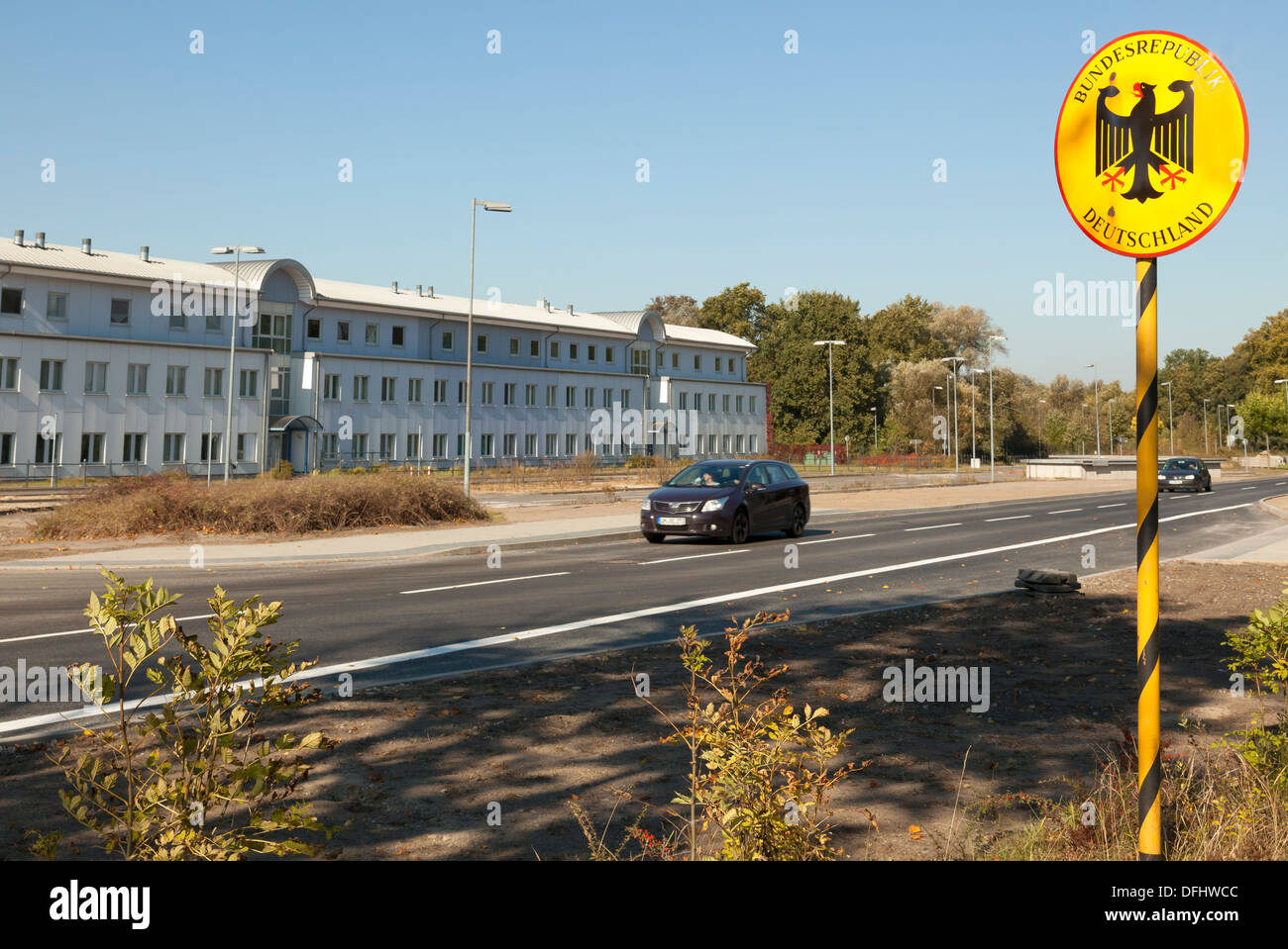 Open Border Crossing between Germany and Poland near Schwedt Oder, Brandenburg, Germany Stock Photo
