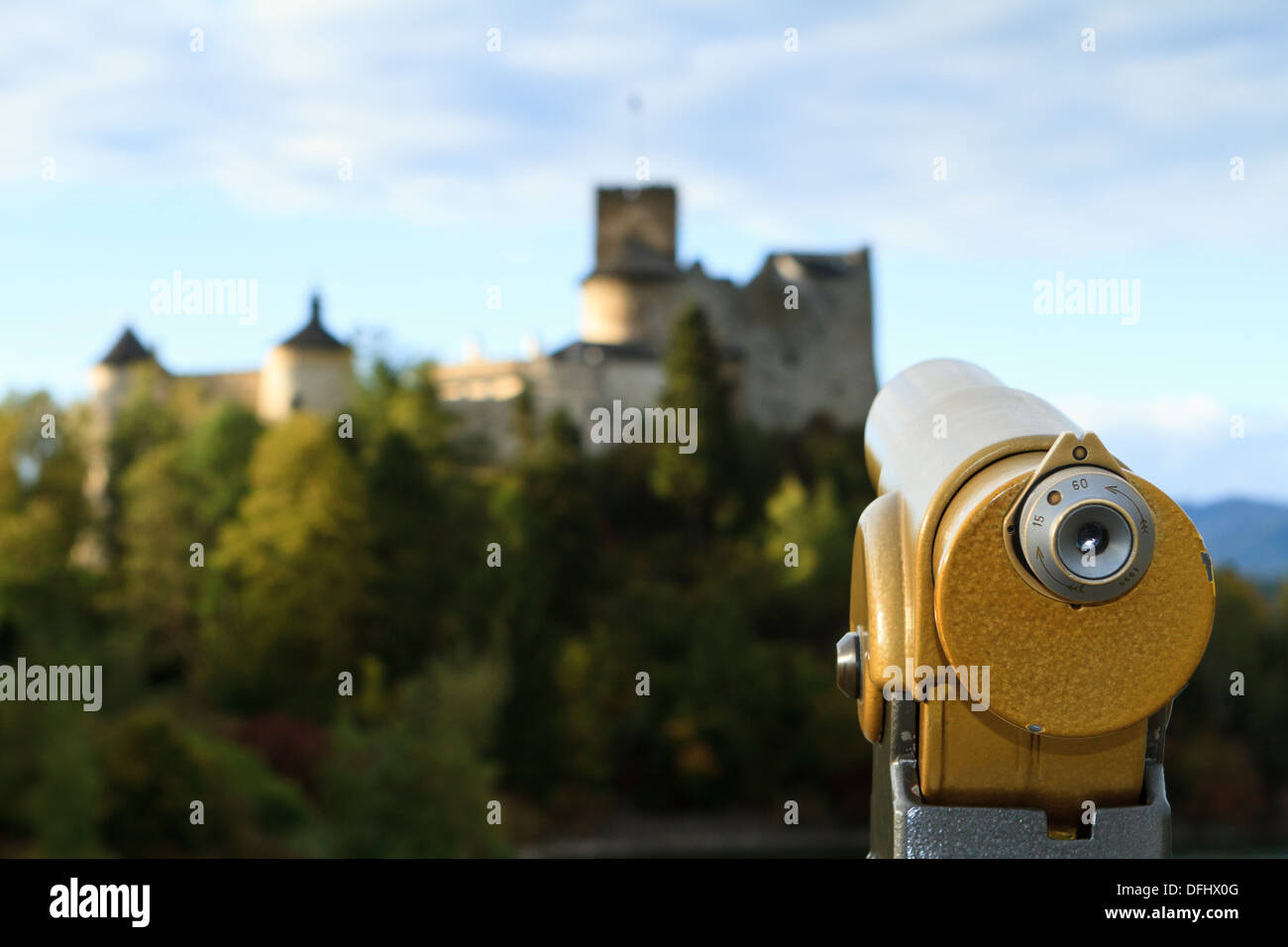 Coin operated viewfinder directed to Niedzica castle, southern, Poland. Stock Photo