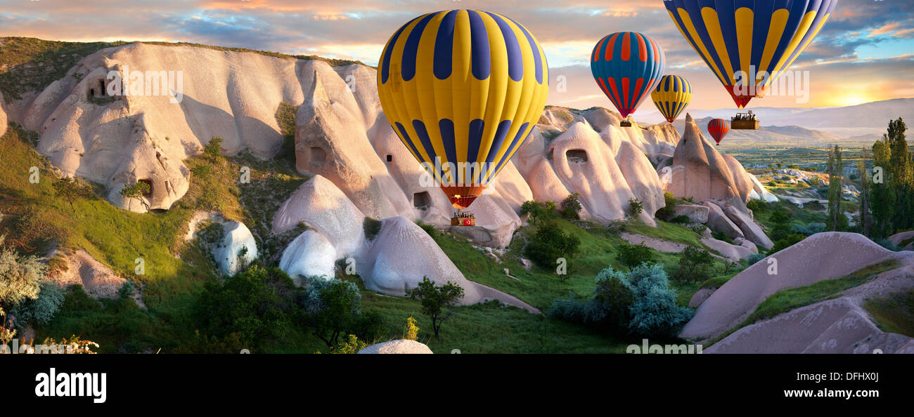 Hot Air Baloons over Goreme at sunrise , Cappadocia Turkey Stock Photo
