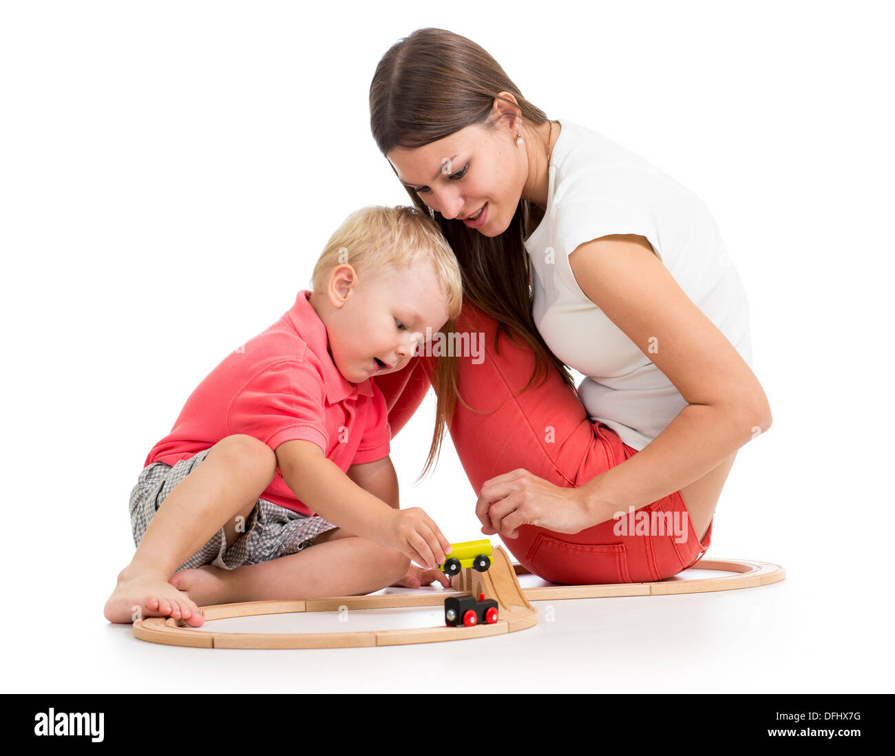 kid boy and mom play block toy Stock Photo