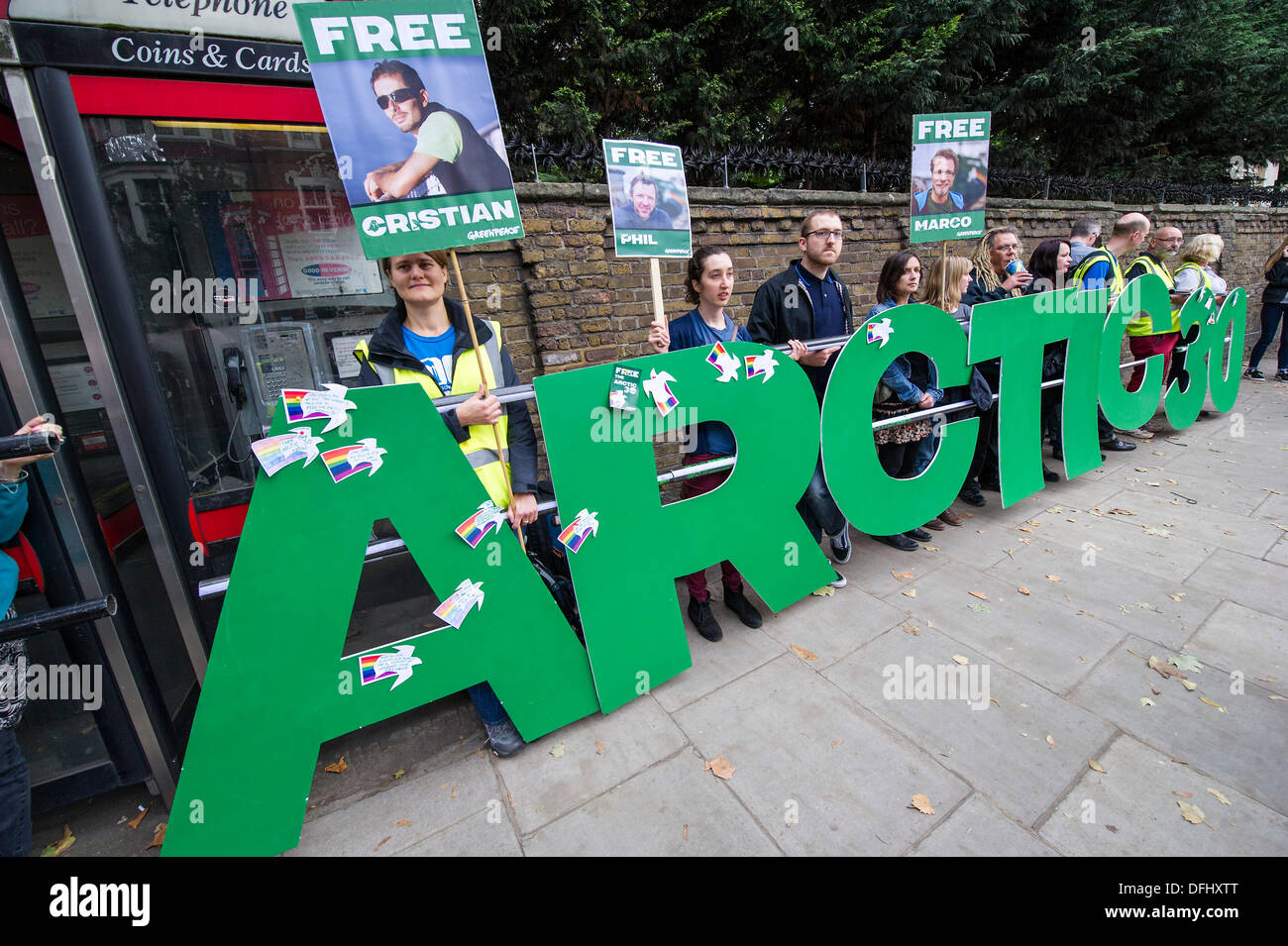 London, UK. 05th Oct, 2013. Greenpeace organize a global day of solidarity in support of the Arctic 30 who have been charged with piracy by the Russian state prosecutor. According to Greenpeace over 800,000 have already been written to Russian Embassies to demand their immediate release. Today protestors are encouraged to  write messages of solidarity on paper doves, which will be sent to those detained in Murmansk. Russian Embassy, Kensington Palace Gardens, London, UK, 5th October 2013 Credit:  Guy Bell/Alamy Live News Stock Photo