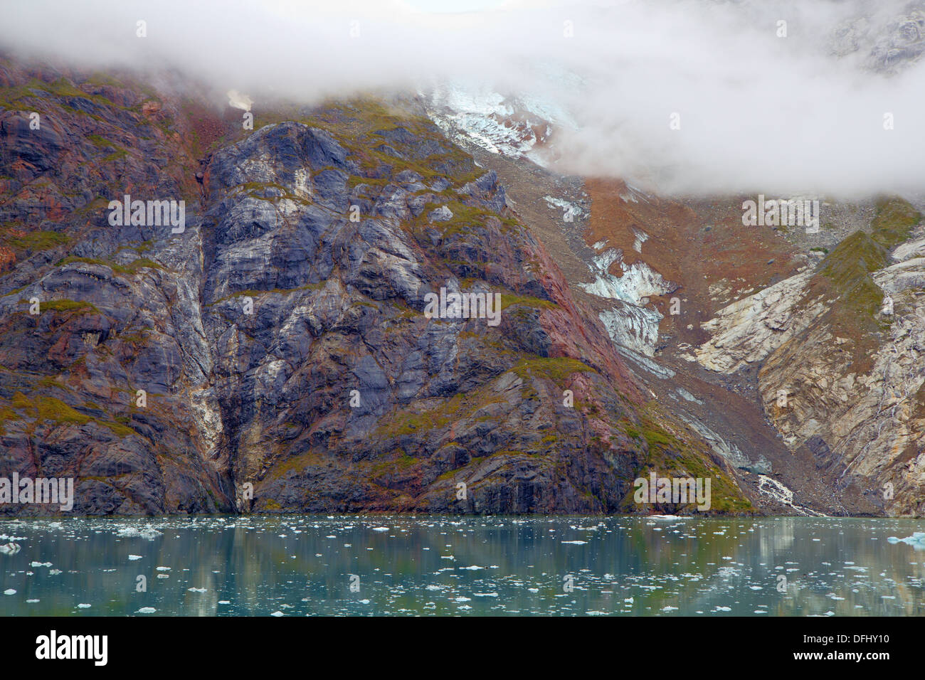 Rock formation in the fog in Glacier Bay National Park & Preserve, Alaska Stock Photo