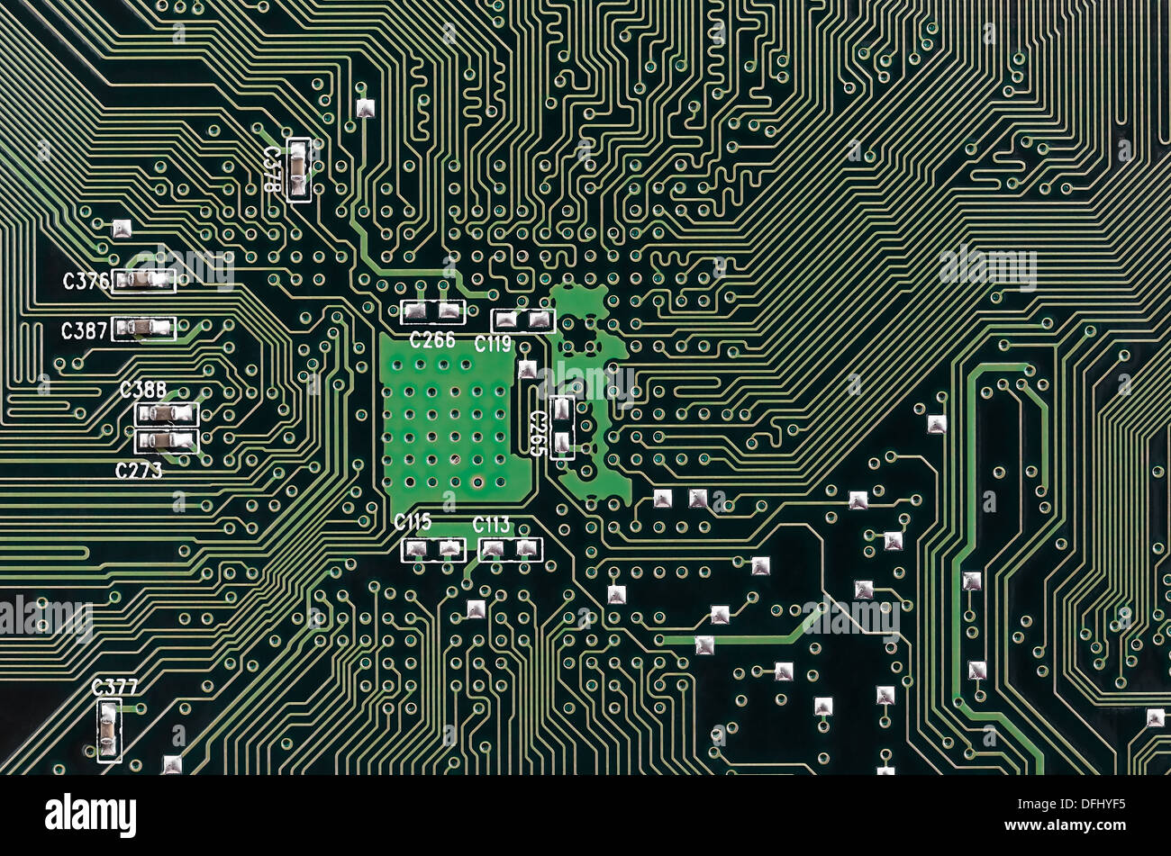 Closeup Detail of Printed Electronic Circuit Board with many Components, Horizontal shot Stock Photo